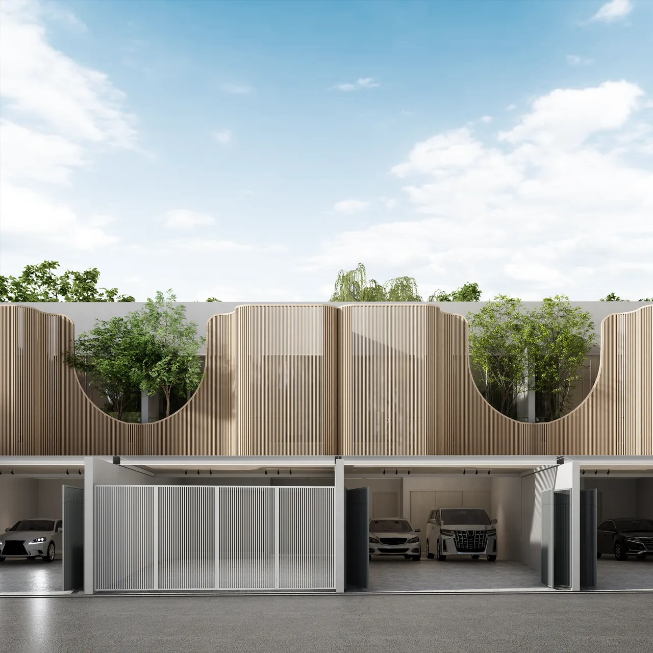 Square design visualisation of curved openings in the upper facade screens above the townhome parking bays.