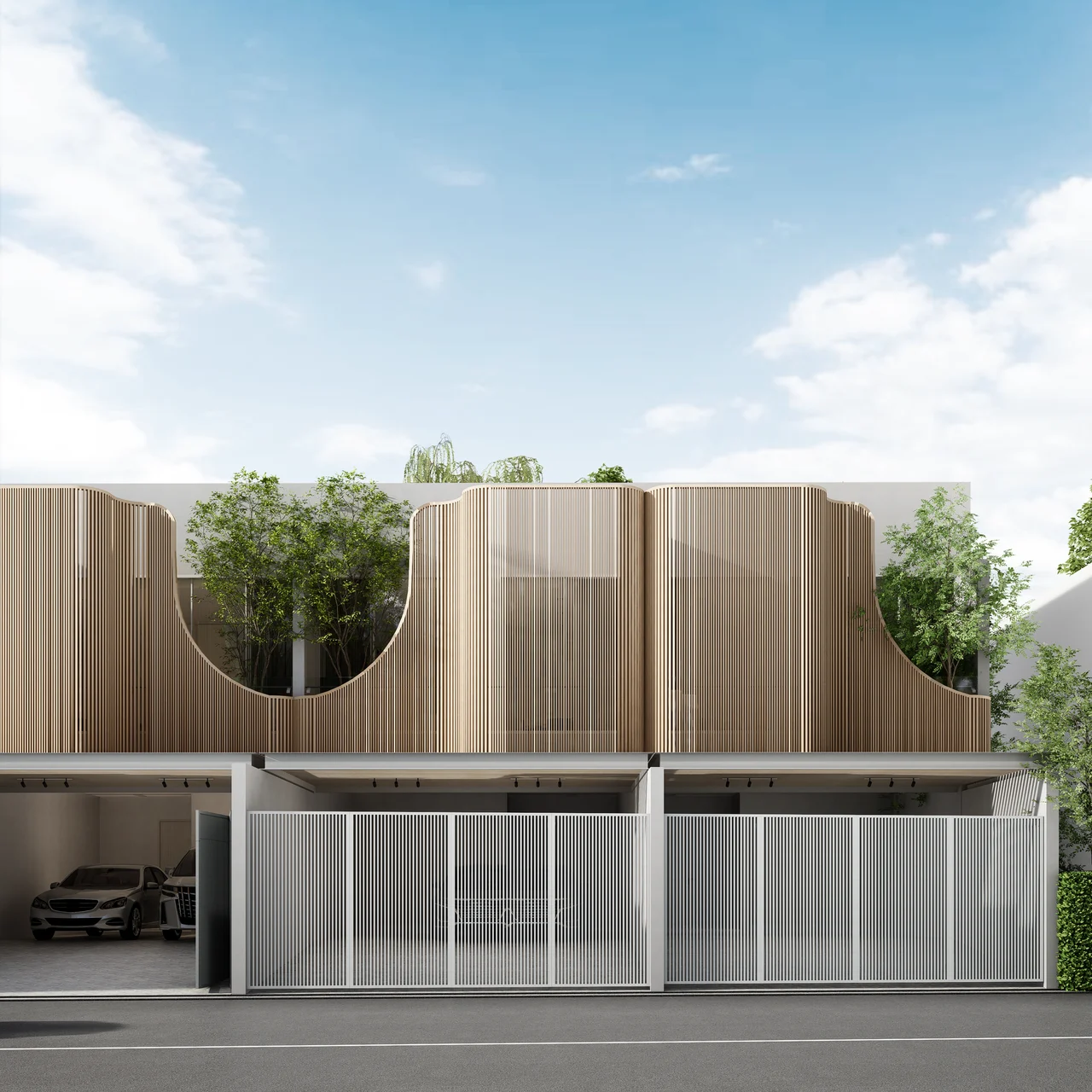 Alternate daylight design visualisation of the THA MUANG frontage, from the same frontal viewpoint.