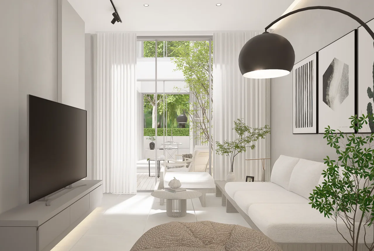 Interior design visualisation of a sofa, television and floor lamp facing glazing and an internal courtyard.