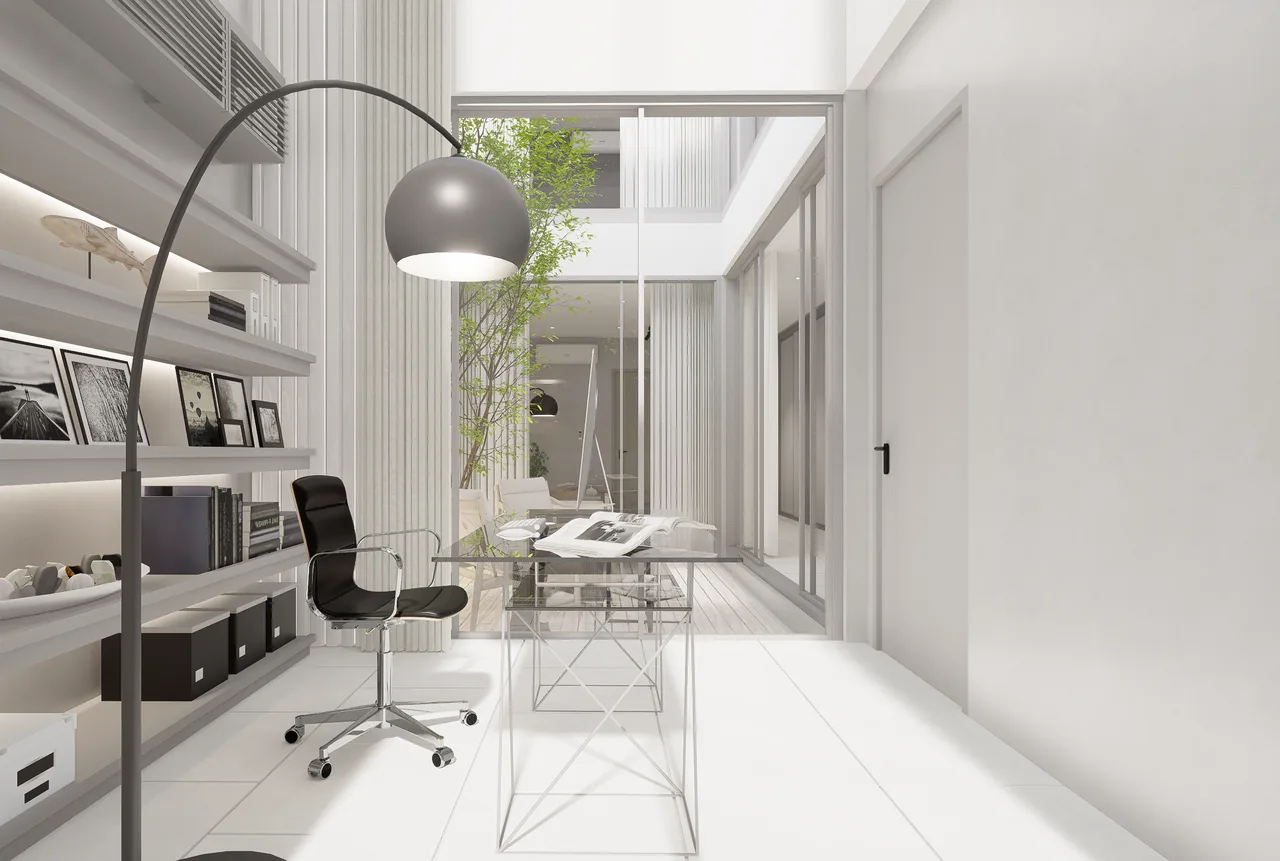 Interior design visualisation along a work desk and fitted shelving towards courtyard glazing and a door.